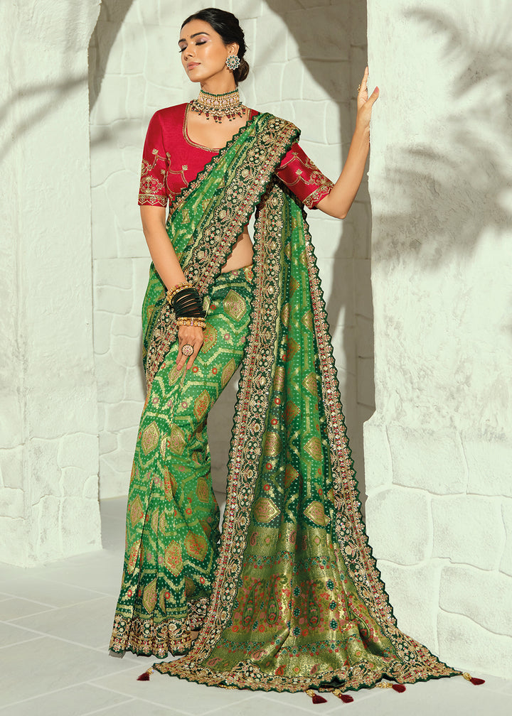 Emerald Green Georgette Bandhej Saree with Moti Cut Dana, Zari &Threadwork Embroidery