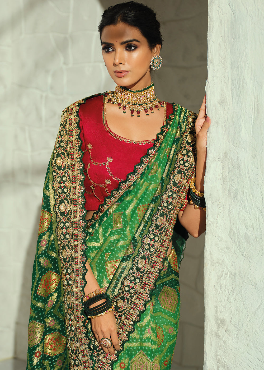 Emerald Green Georgette Bandhej Saree with Moti Cut Dana, Zari &Threadwork Embroidery