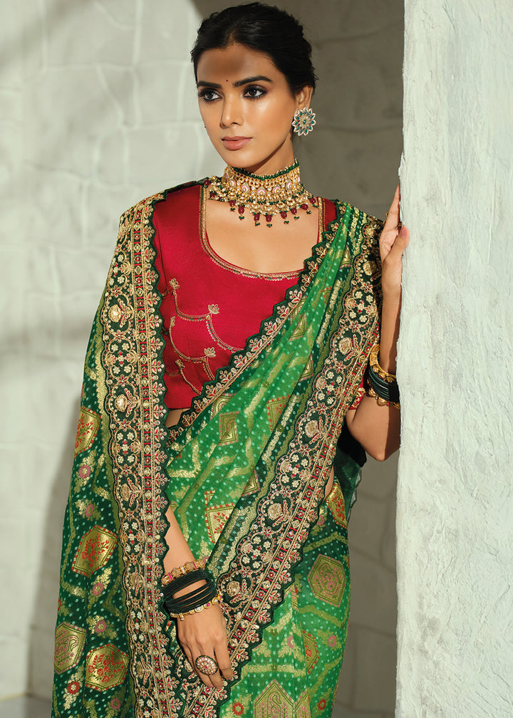 Emerald Green Georgette Bandhej Saree with Moti Cut Dana, Zari &Threadwork Embroidery