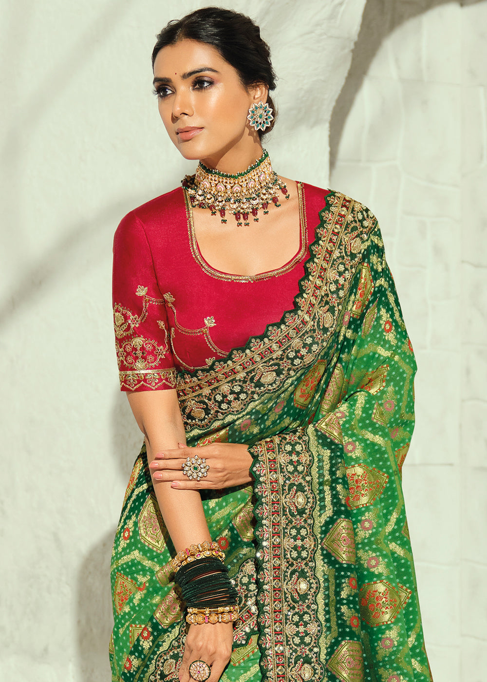 Emerald Green Georgette Bandhej Saree with Moti Cut Dana, Zari &Threadwork Embroidery