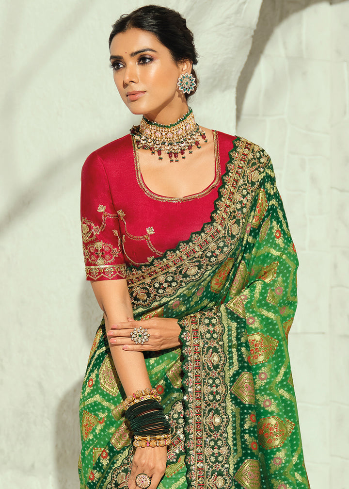 Emerald Green Georgette Bandhej Saree with Moti Cut Dana, Zari &Threadwork Embroidery