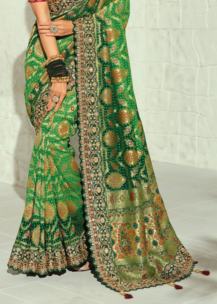 Emerald Green Georgette Bandhej Saree with Moti Cut Dana, Zari &Threadwork Embroidery