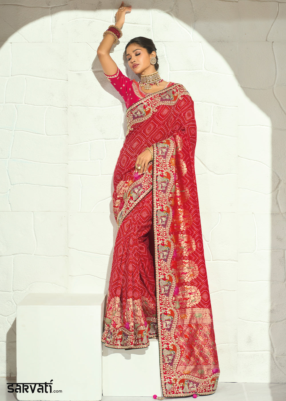Vermilion Red Georgette Bandhej Saree with Zari Threadwork Embroidered Border