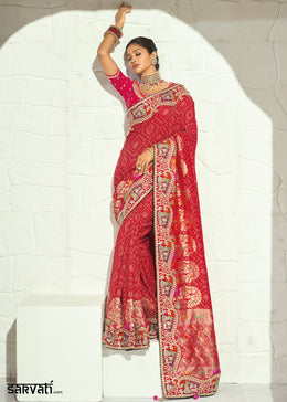 Vermilion Red Georgette Bandhej Saree with Zari Threadwork Embroidered Border