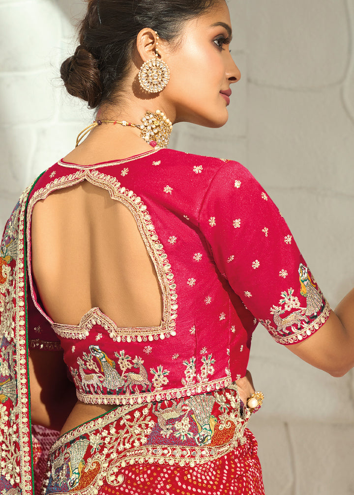 Vermilion Red Georgette Bandhej Saree with Zari Threadwork Embroidered Border