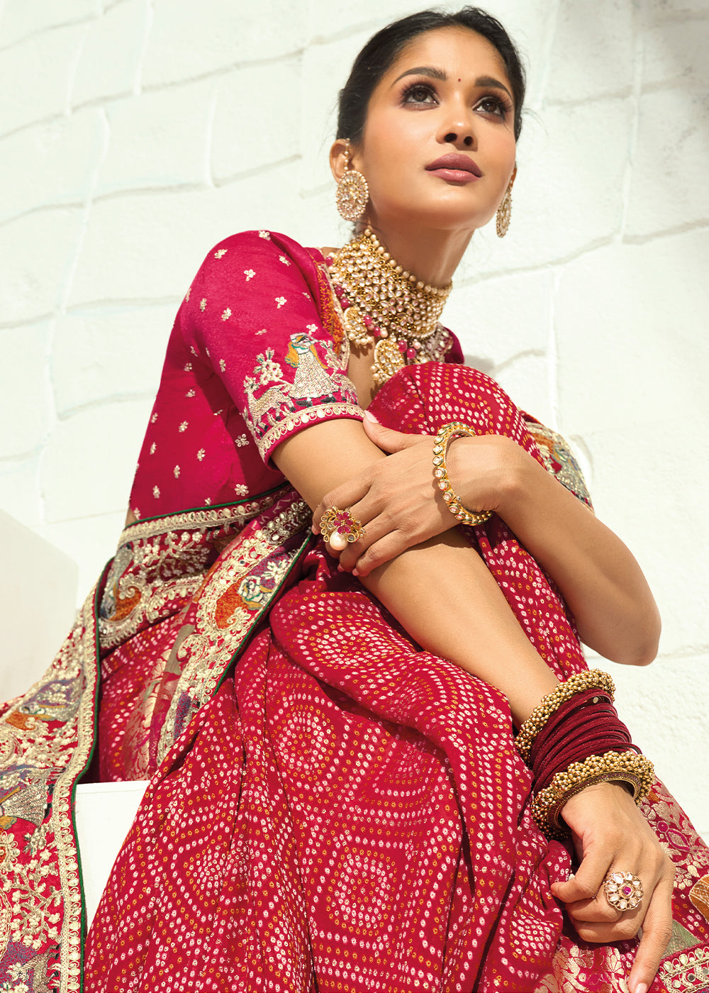 Vermilion Red Georgette Bandhej Saree with Zari Threadwork Embroidered Border