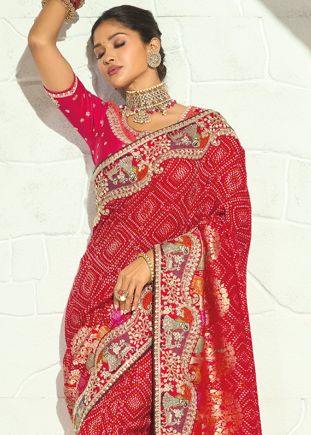Vermilion Red Georgette Bandhej Saree with Zari Threadwork Embroidered Border