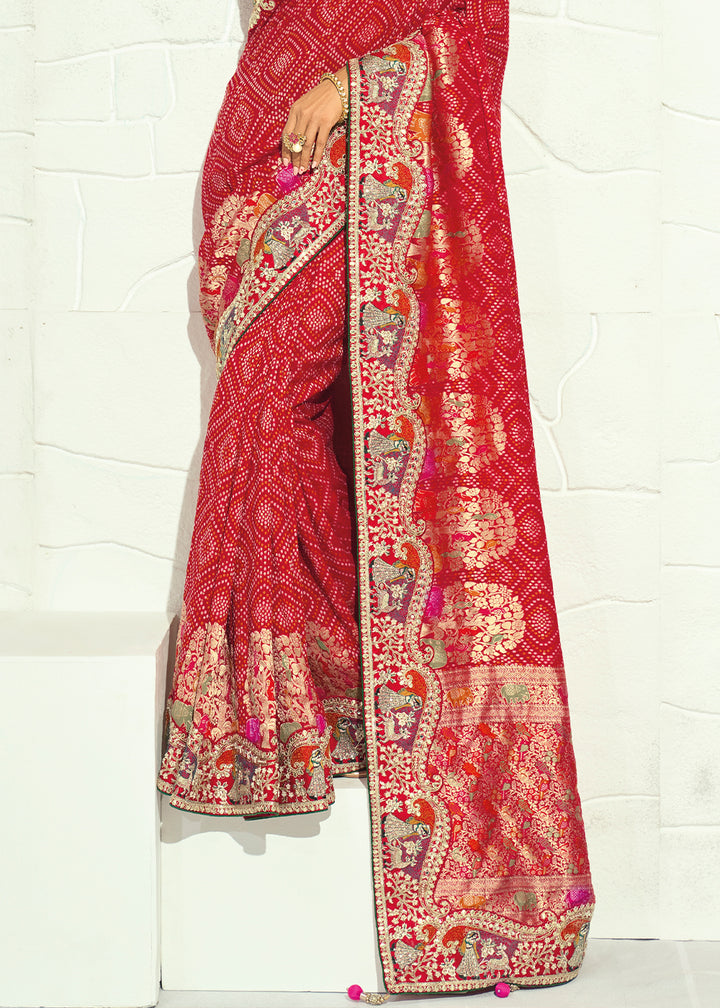 Vermilion Red Georgette Bandhej Saree with Zari Threadwork Embroidered Border