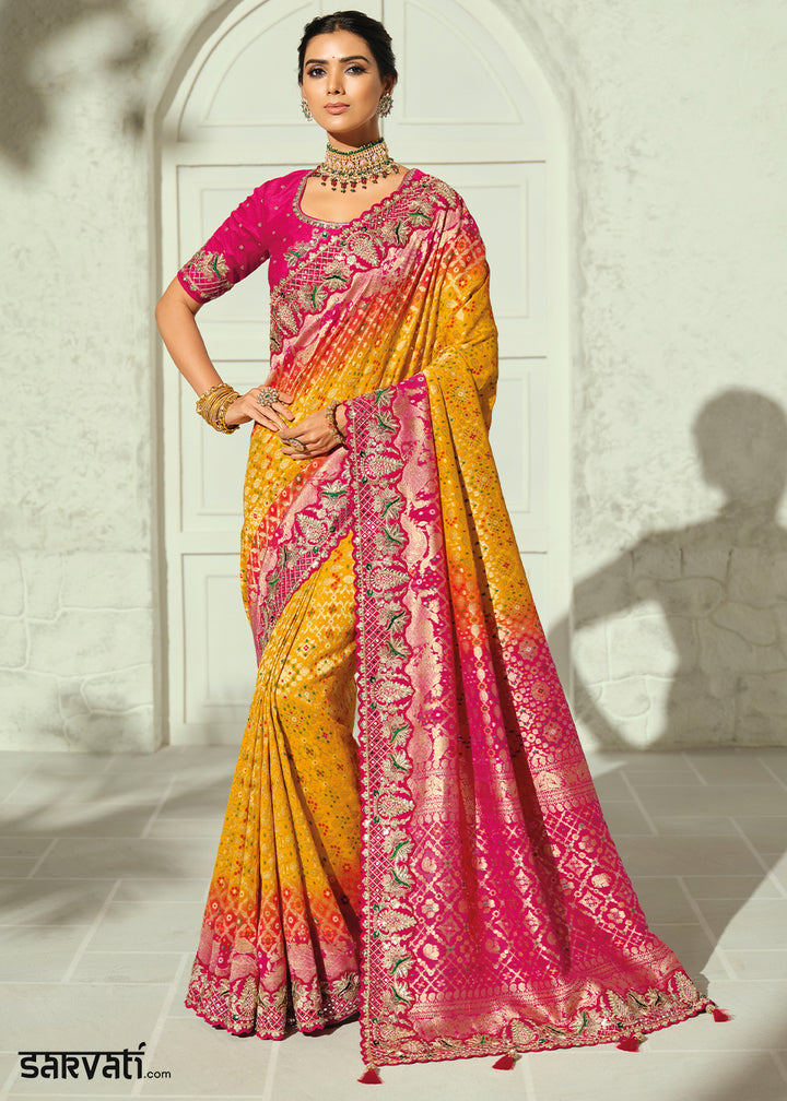 Saffron Yellow Fuchsia Pink Georgette Bandhej Saree with Moti & Cut Dana Mirror, Heavy Handwork Border
