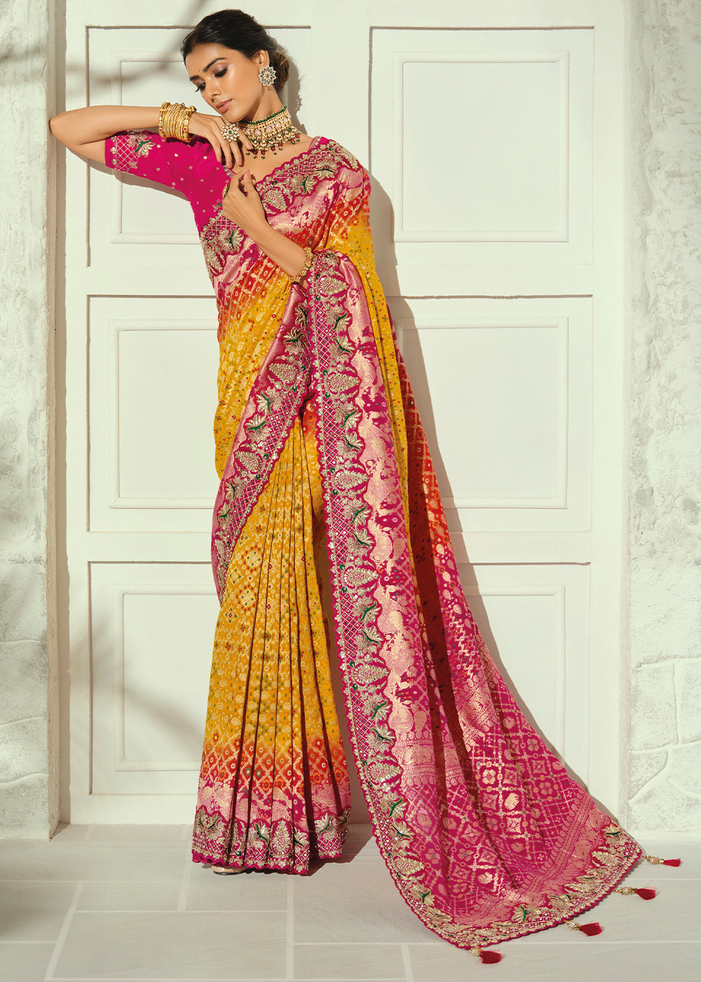 Saffron Yellow Fuchsia Pink Georgette Bandhej Saree with Moti & Cut Dana Mirror, Heavy Handwork Border