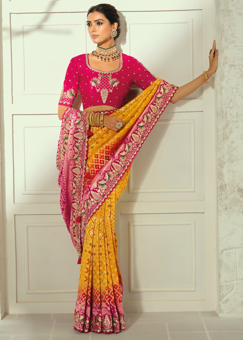 Saffron Yellow Fuchsia Pink Georgette Bandhej Saree with Moti & Cut Dana Mirror, Heavy Handwork Border