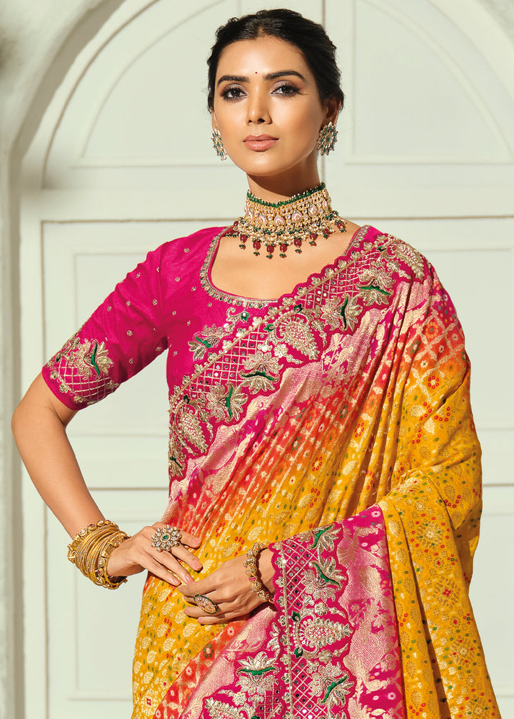 Saffron Yellow Fuchsia Pink Georgette Bandhej Saree with Moti & Cut Dana Mirror, Heavy Handwork Border