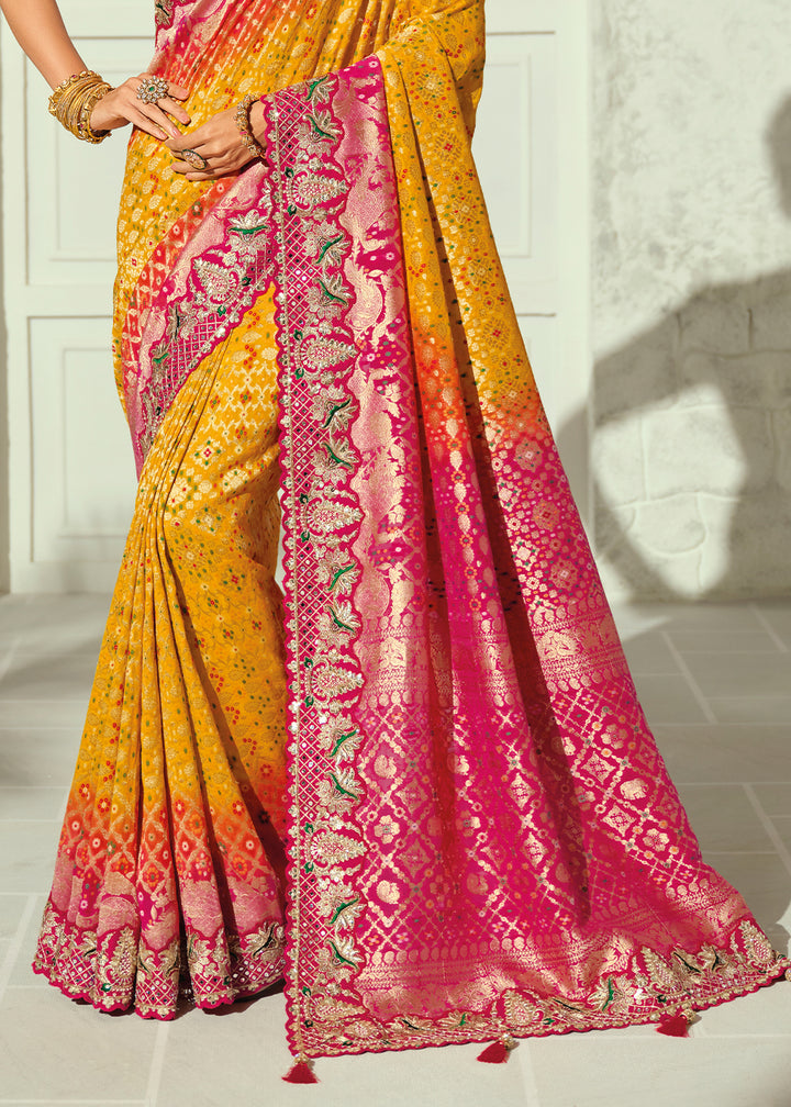 Saffron Yellow Fuchsia Pink Georgette Bandhej Saree with Moti & Cut Dana Mirror, Heavy Handwork Border