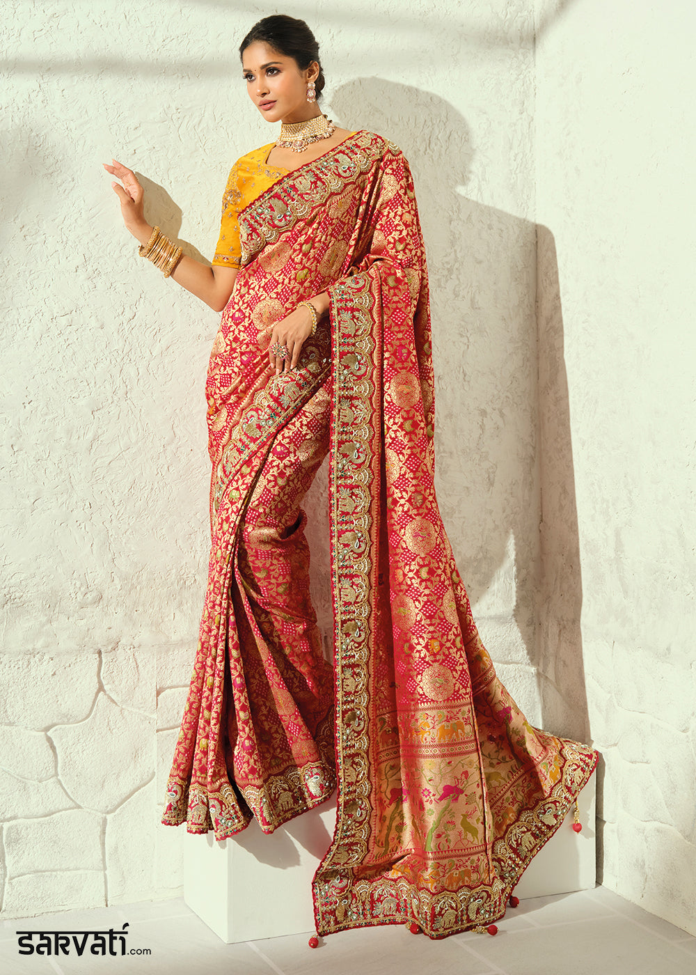 Scarlet Red Mustard Yellow Georgette Bandhej Saree with Cut Dana and Mirror Handwork Border