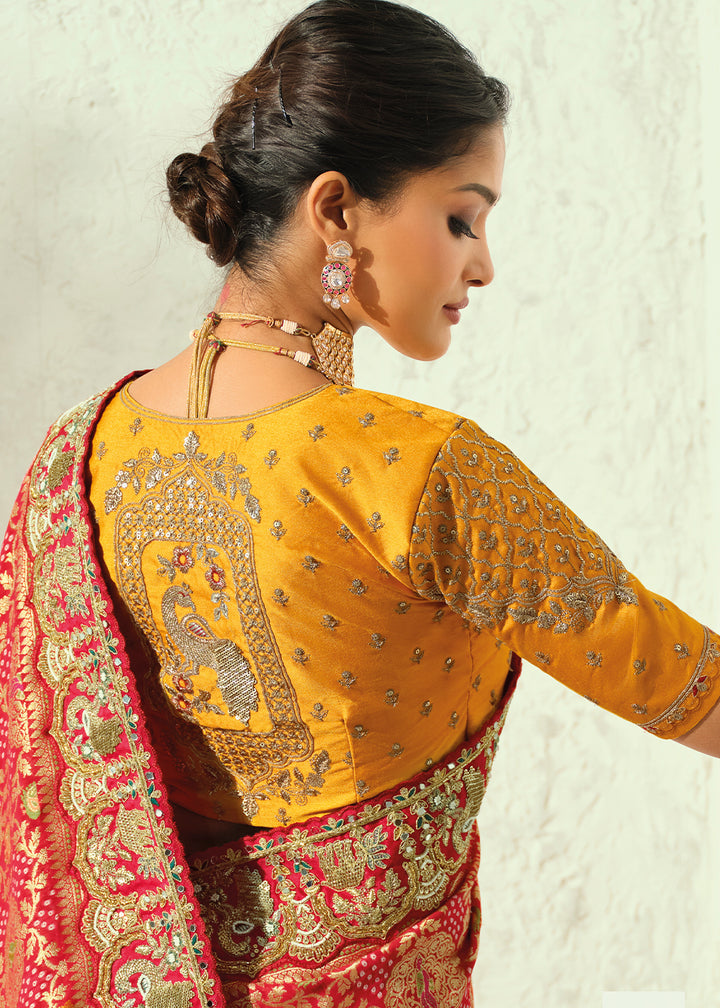 Scarlet Red Mustard Yellow Georgette Bandhej Saree with Cut Dana and Mirror Handwork Border