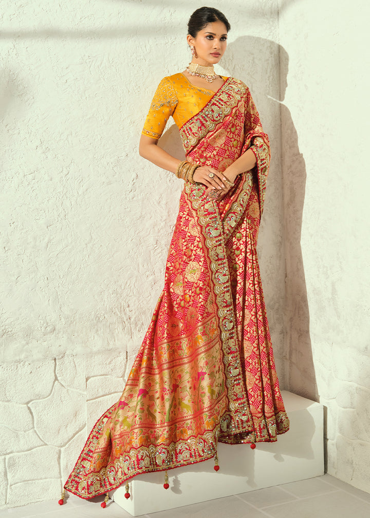 Scarlet Red Mustard Yellow Georgette Bandhej Saree with Cut Dana and Mirror Handwork Border