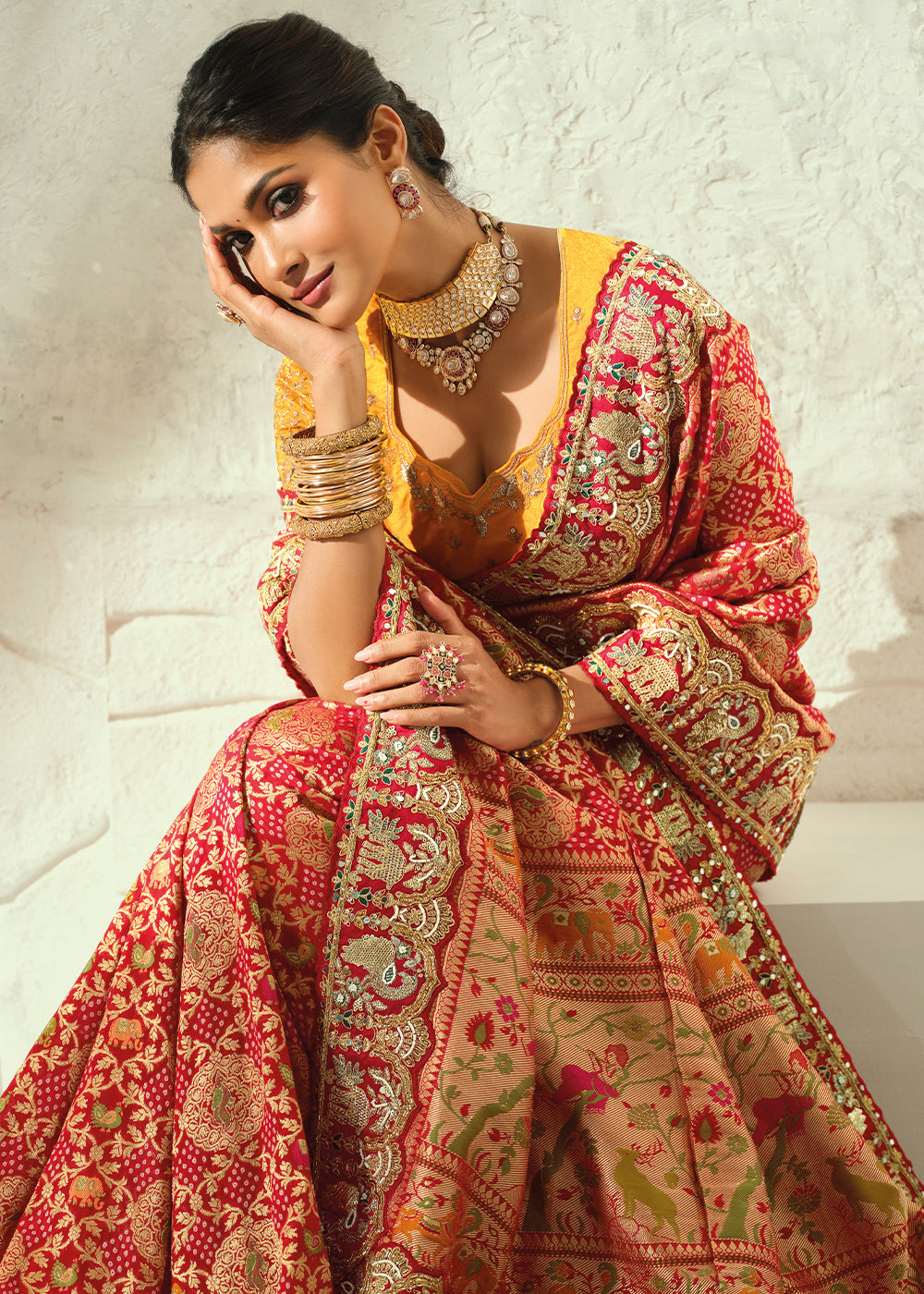 Scarlet Red Mustard Yellow Georgette Bandhej Saree with Cut Dana and Mirror Handwork Border