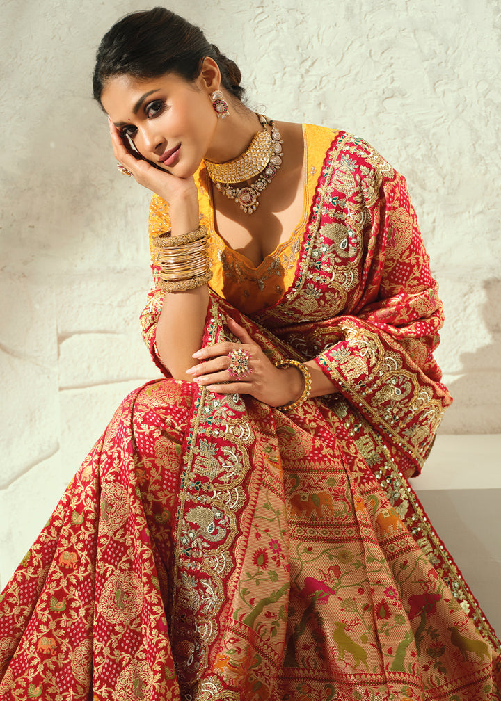 Scarlet Red Mustard Yellow Georgette Bandhej Saree with Cut Dana and Mirror Handwork Border