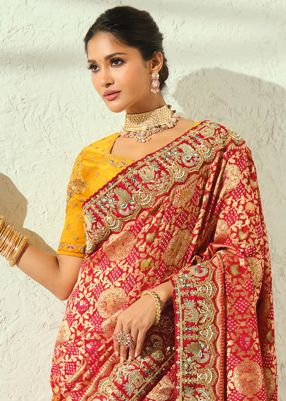 Scarlet Red Mustard Yellow Georgette Bandhej Saree with Cut Dana and Mirror Handwork Border