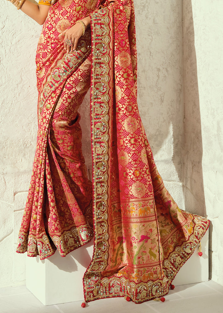Scarlet Red Mustard Yellow Georgette Bandhej Saree with Cut Dana and Mirror Handwork Border