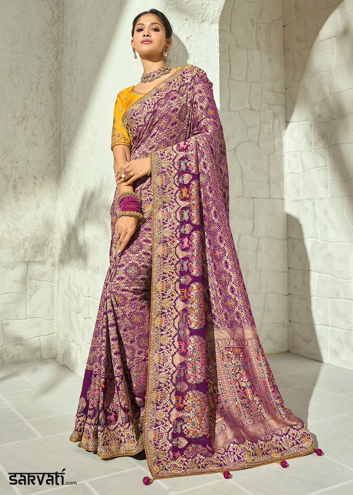 Dusty Plum Purple and Marigold Yellow Georgette Saree with Intricate Bandhej Print and Designer Border
