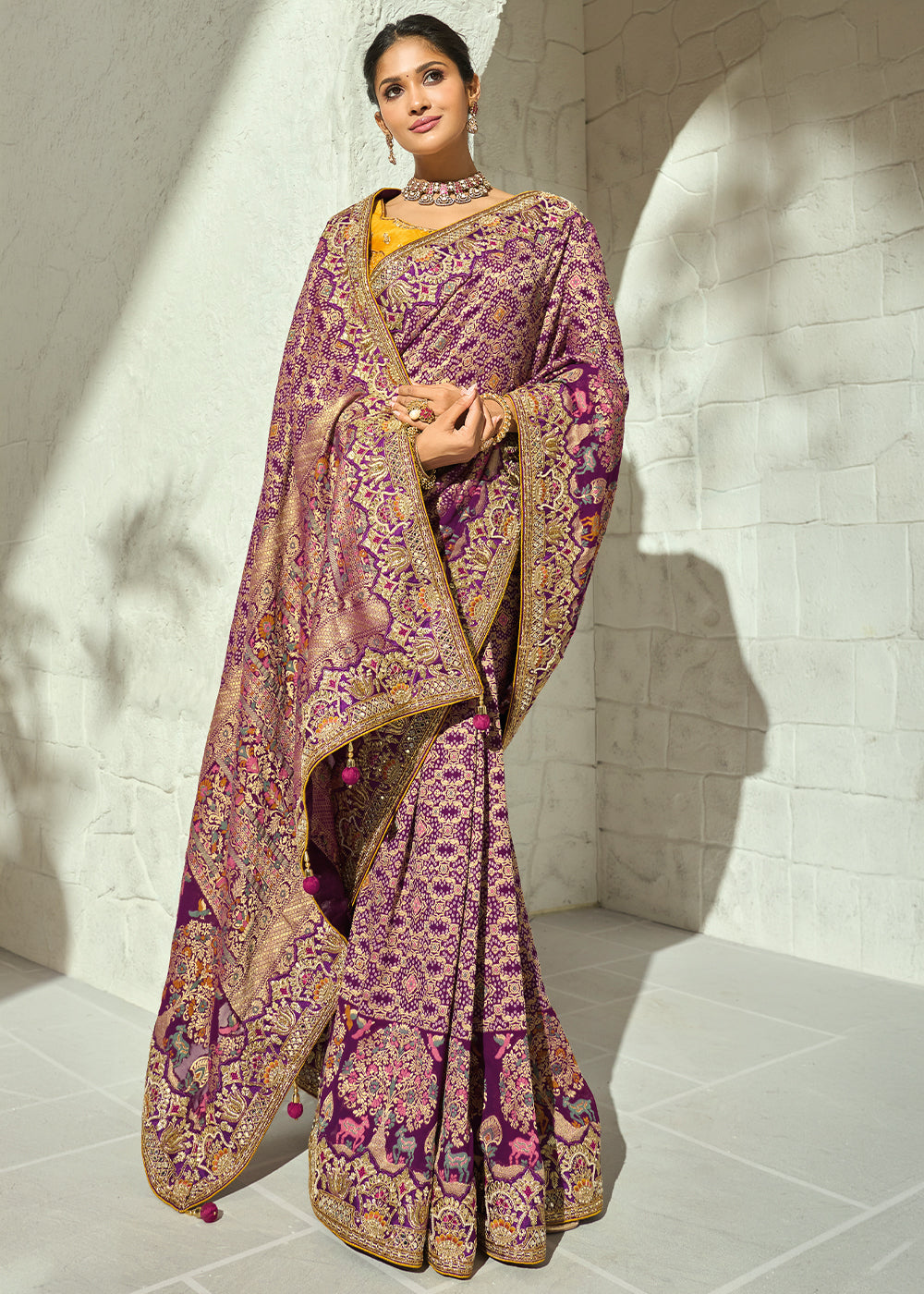 Dusty Plum Purple and Marigold Yellow Georgette Saree with Intricate Bandhej Print and Designer Border