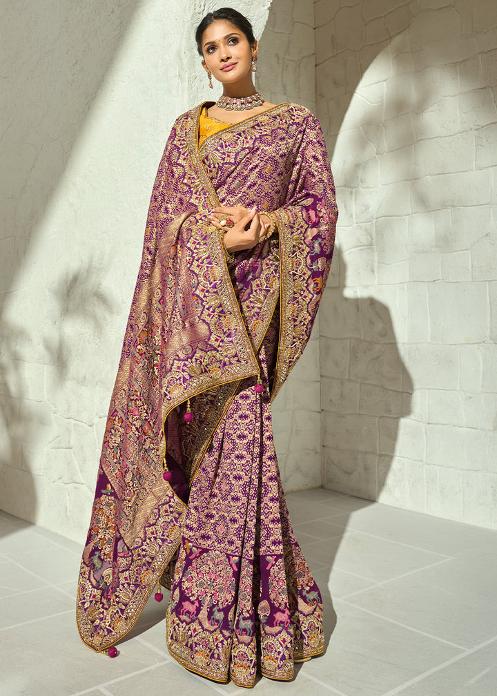 Dusty Plum Purple and Marigold Yellow Georgette Saree with Intricate Bandhej Print and Designer Border