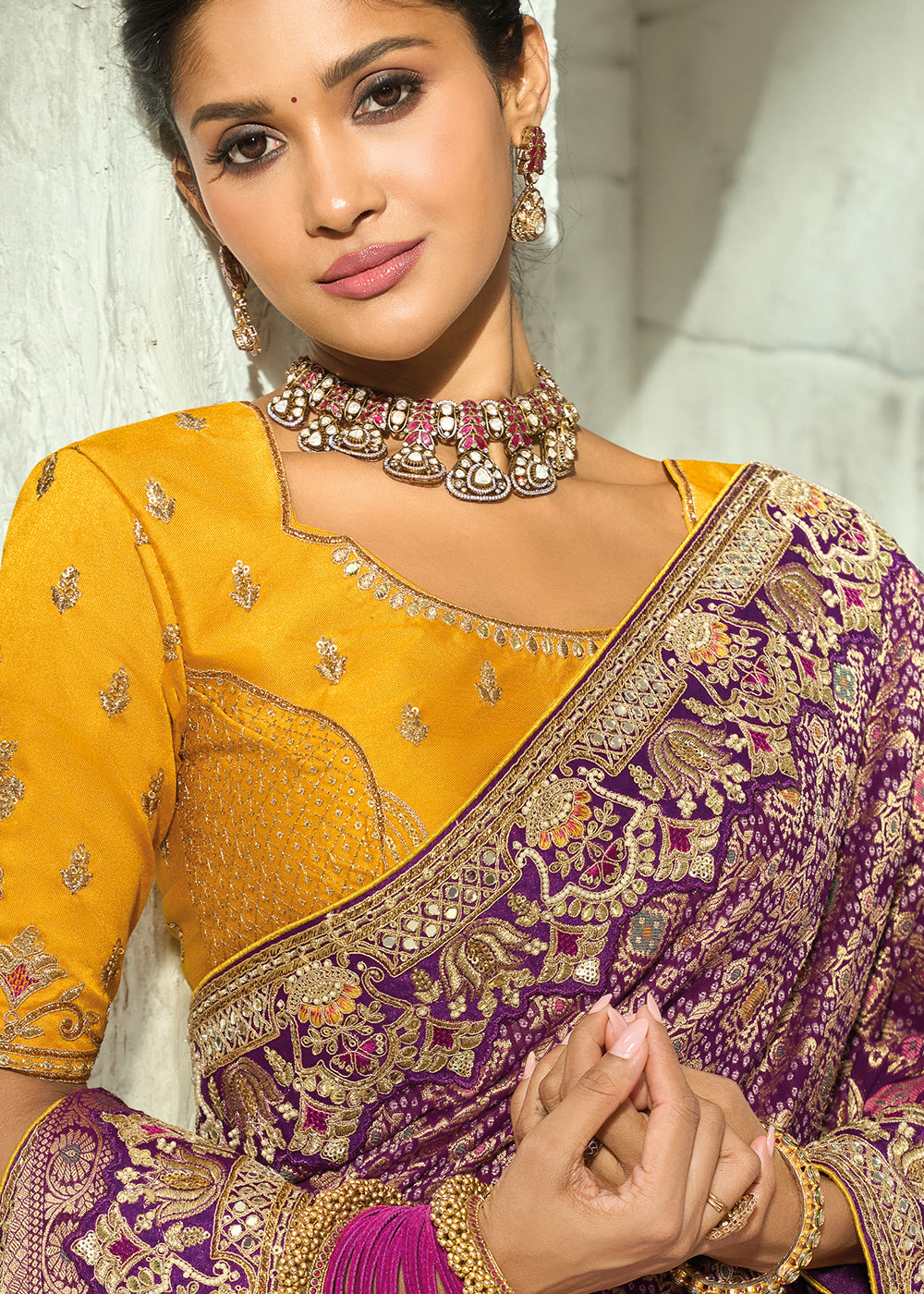 Dusty Plum Purple and Marigold Yellow Georgette Saree with Intricate Bandhej Print and Designer Border