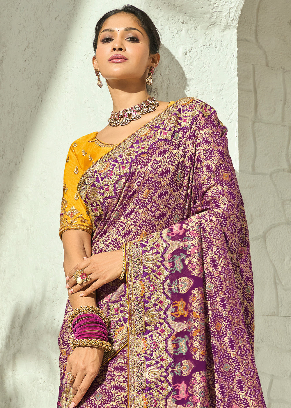 Dusty Plum Purple and Marigold Yellow Georgette Saree with Intricate Bandhej Print and Designer Border