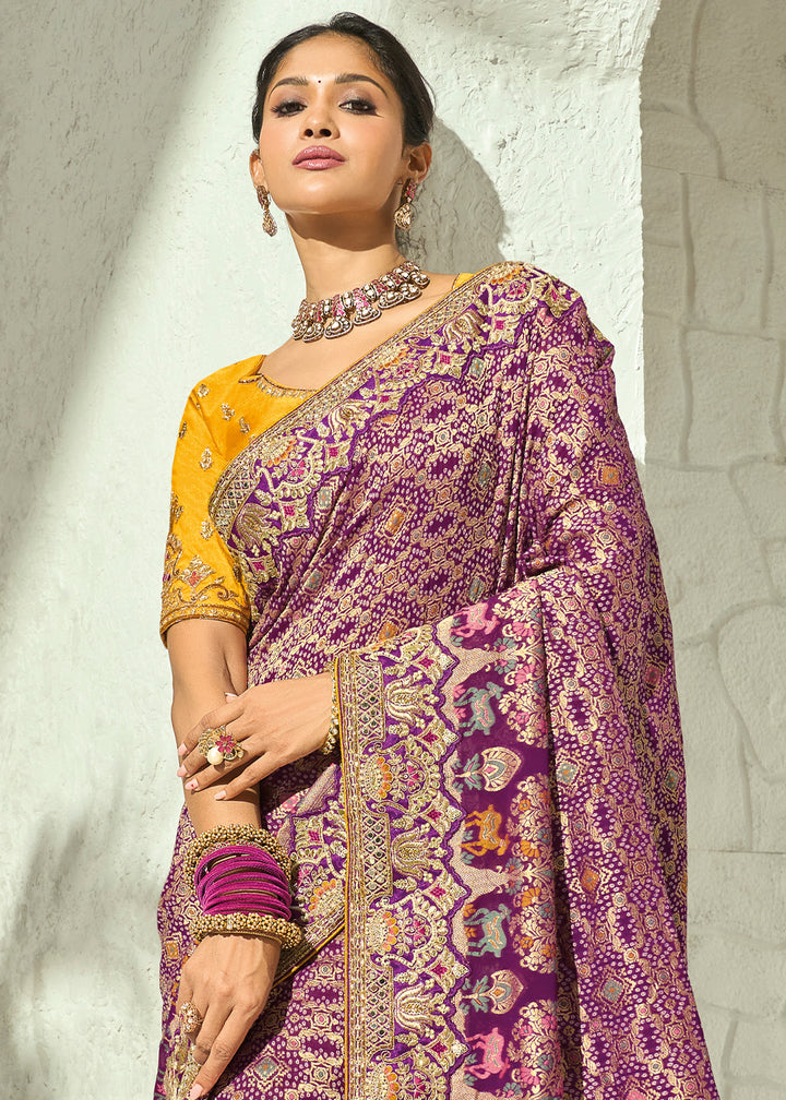 Dusty Plum Purple and Marigold Yellow Georgette Saree with Intricate Bandhej Print and Designer Border