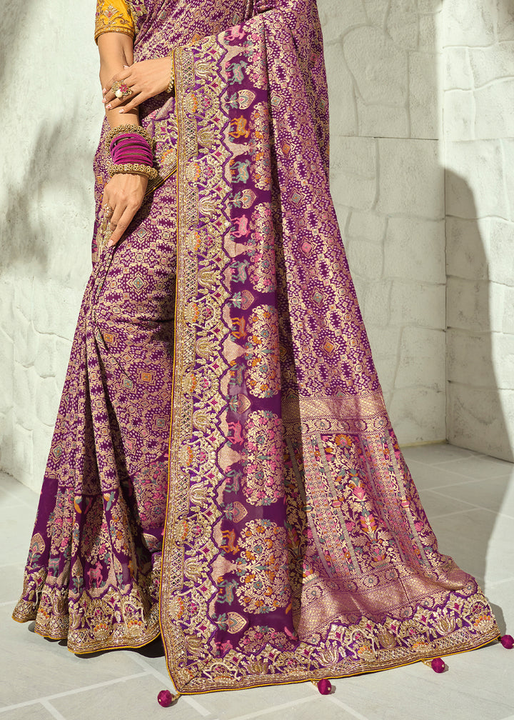 Dusty Plum Purple and Marigold Yellow Georgette Saree with Intricate Bandhej Print and Designer Border