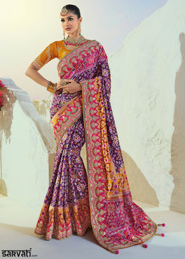 Royal Purple Patola Silk Designer Saree with Mirror, Cut-Dana and Pearl Embroidery