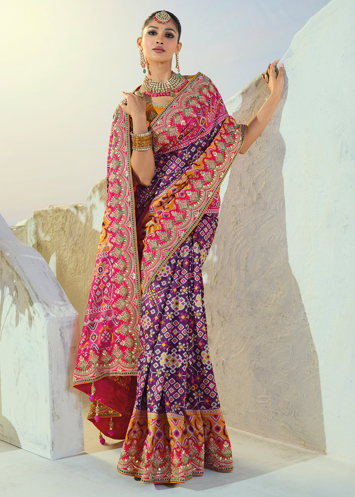 Royal Purple Patola Silk Designer Saree with Mirror, Cut-Dana and Pearl Embroidery