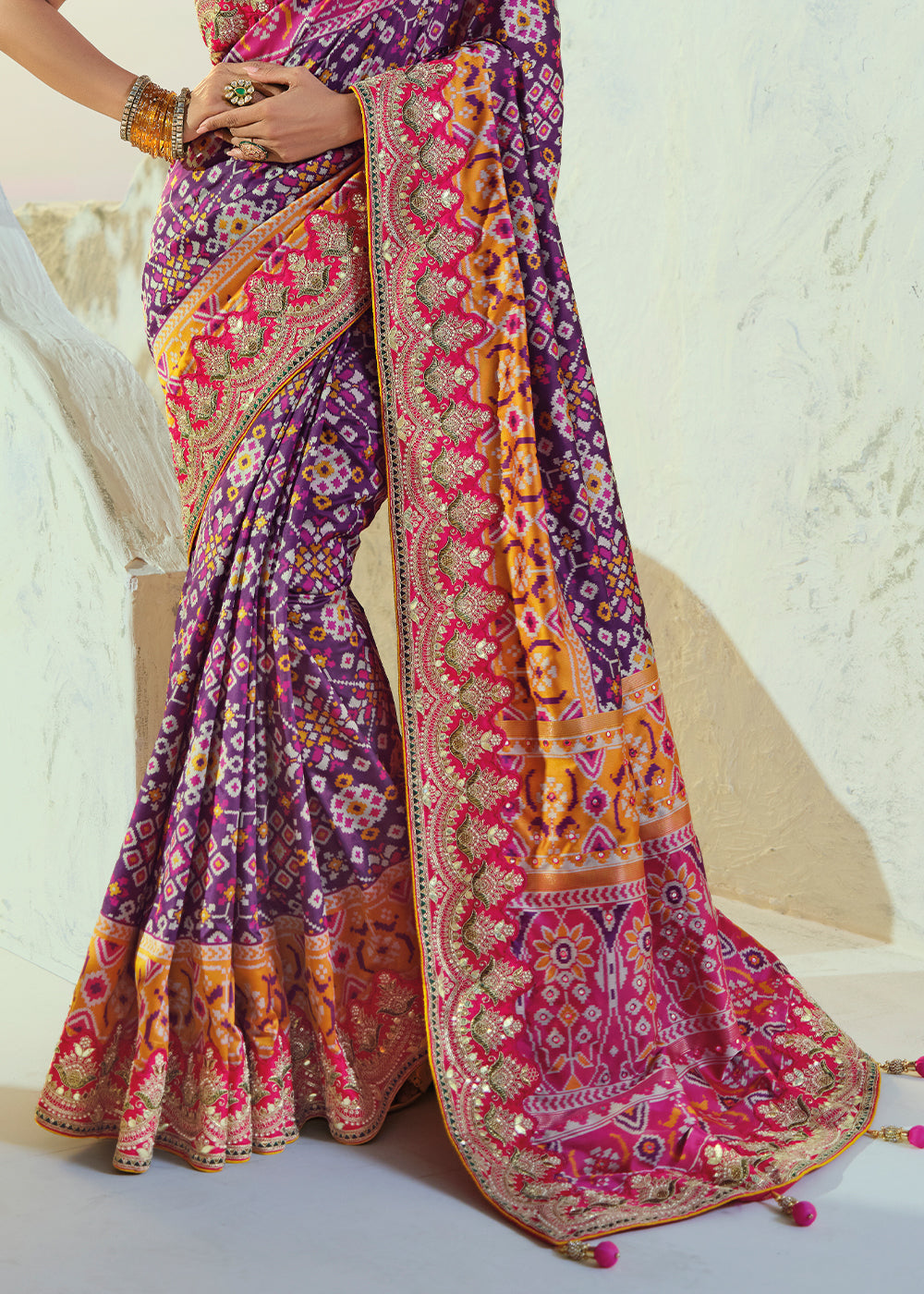 Royal Purple Patola Silk Designer Saree with Mirror, Cut-Dana and Pearl Embroidery