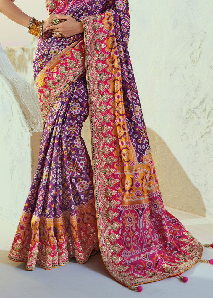 Royal Purple Patola Silk Designer Saree with Mirror, Cut-Dana and Pearl Embroidery