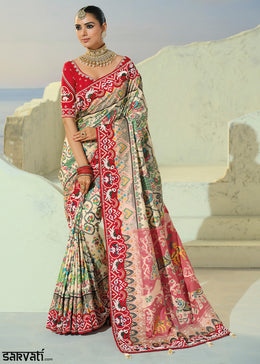 Multi Color Patola Silk Designer Saree with Mirror, Cut-Dana and Pearl Embroidery