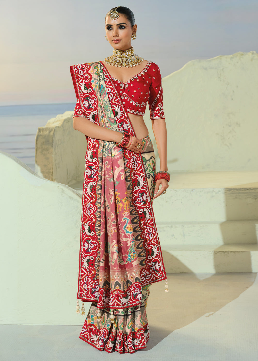 Multi Color Patola Silk Designer Saree with Mirror, Cut-Dana and Pearl Embroidery
