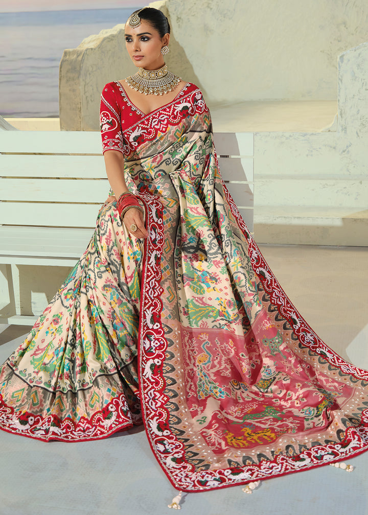 Multi Color Patola Silk Designer Saree with Mirror, Cut-Dana and Pearl Embroidery