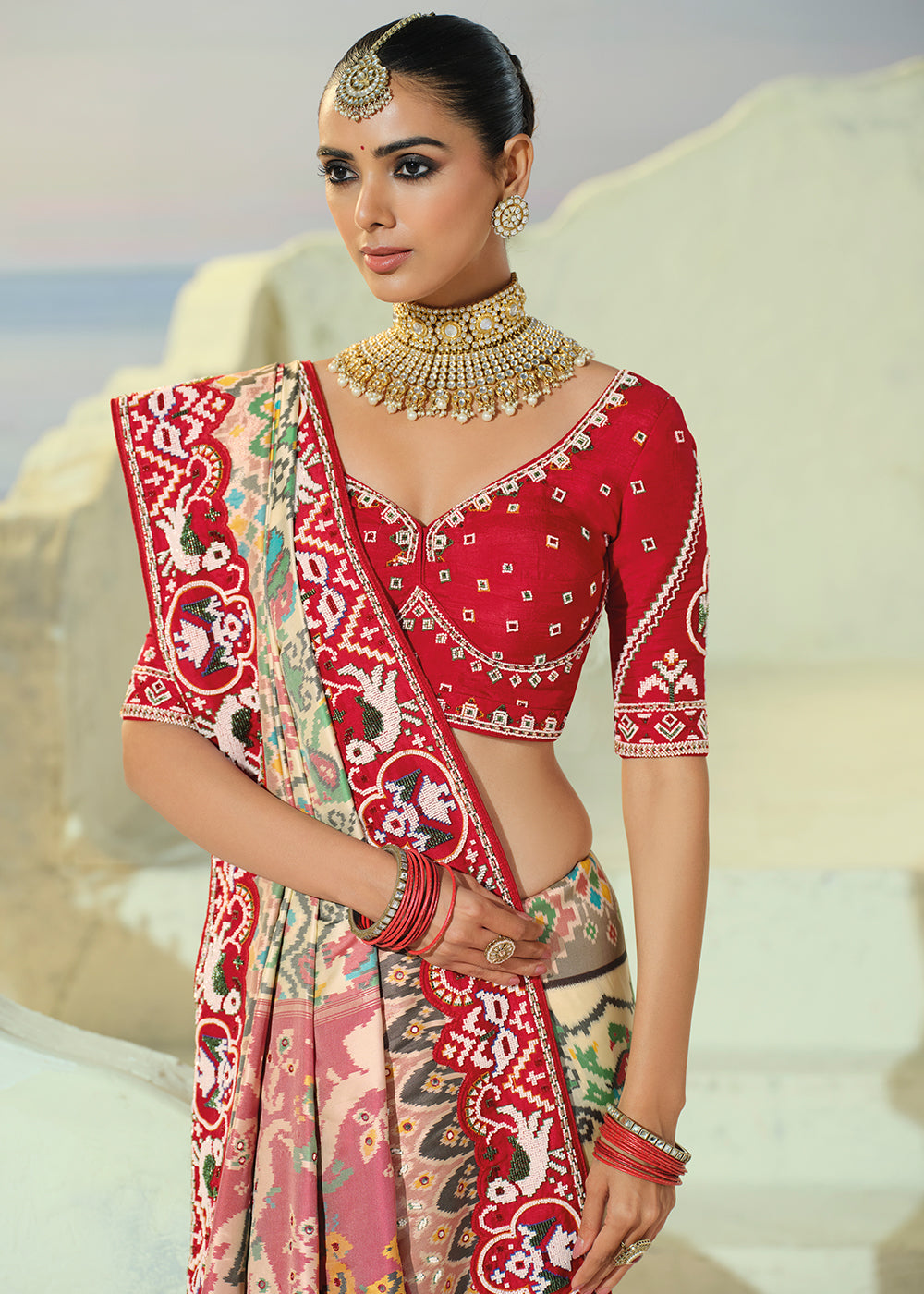Multi Color Patola Silk Designer Saree with Mirror, Cut-Dana and Pearl Embroidery
