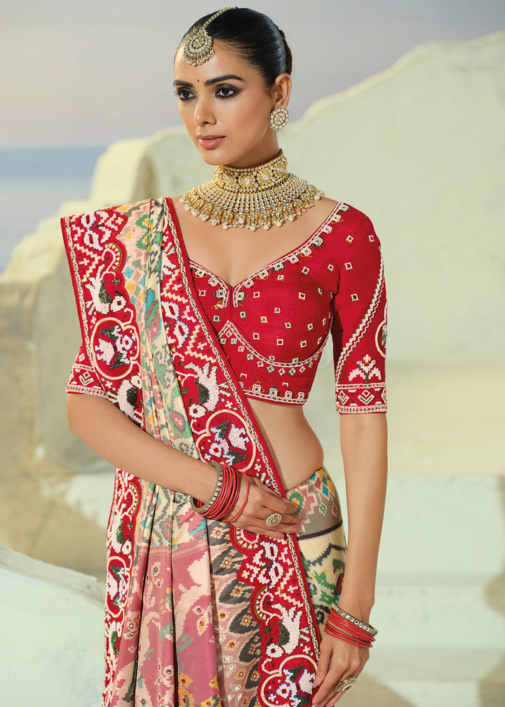 Multi Color Patola Silk Designer Saree with Mirror, Cut-Dana and Pearl Embroidery