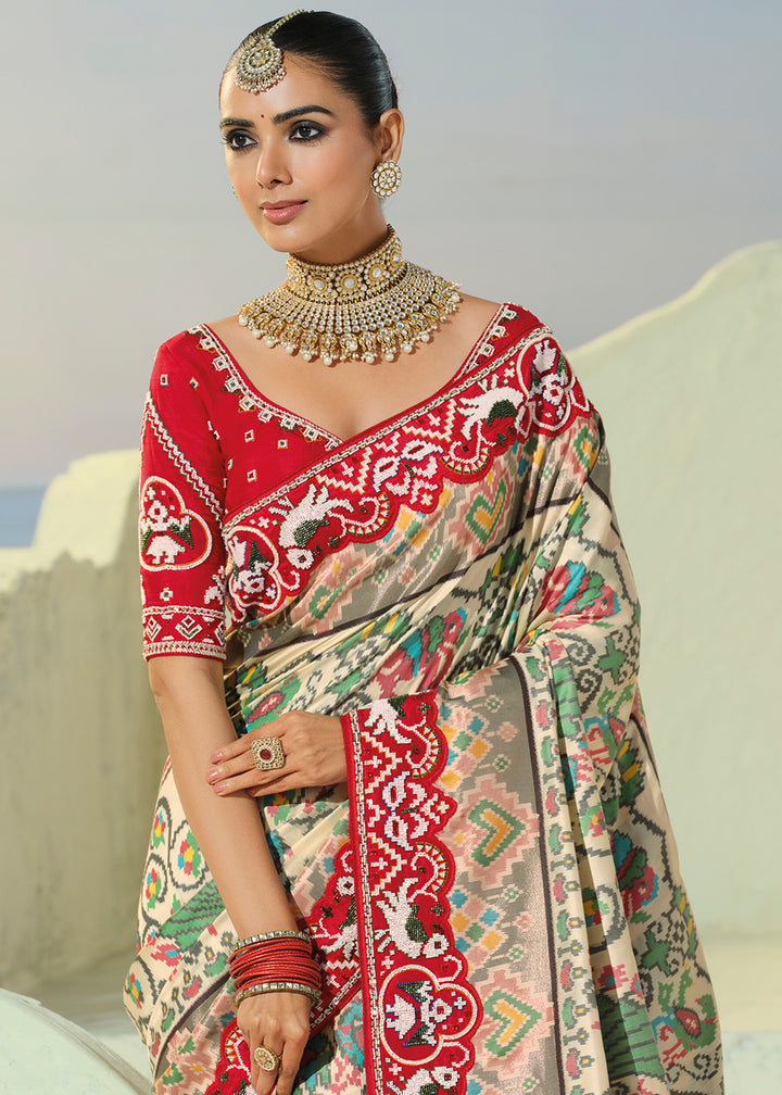 Multi Color Patola Silk Designer Saree with Mirror, Cut-Dana and Pearl Embroidery