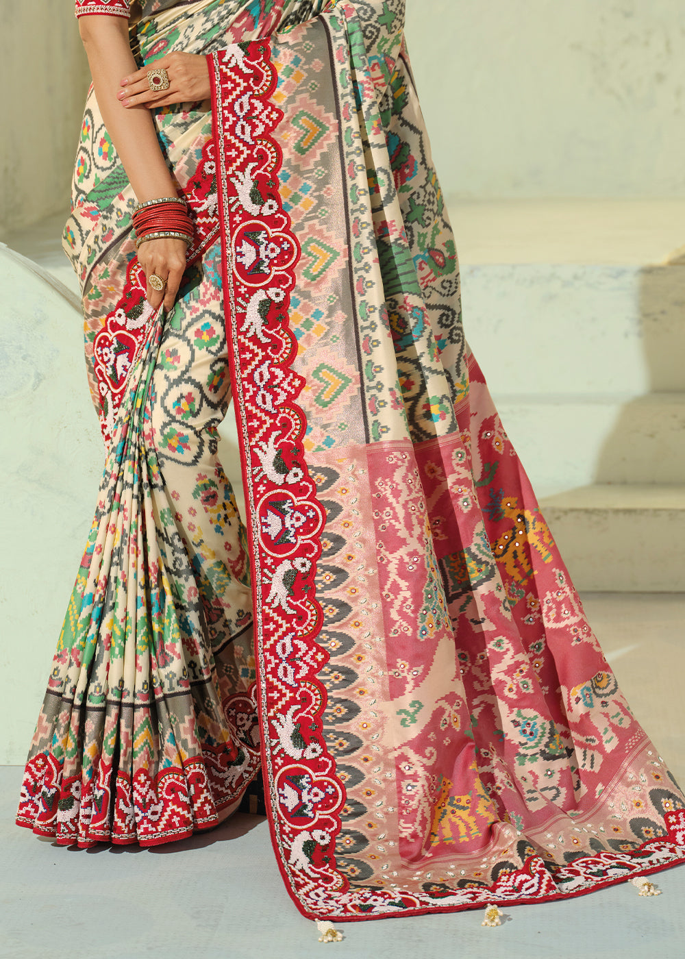 Multi Color Patola Silk Designer Saree with Mirror, Cut-Dana and Pearl Embroidery