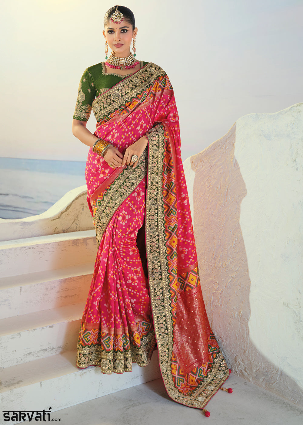 Hot Pink Patola Silk Designer Saree with Mirror, Cut-Dana and Pearl Embroidery