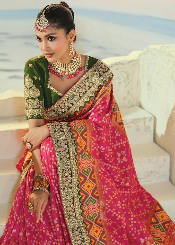 Hot Pink Patola Silk Designer Saree with Mirror, Cut-Dana and Pearl Embroidery