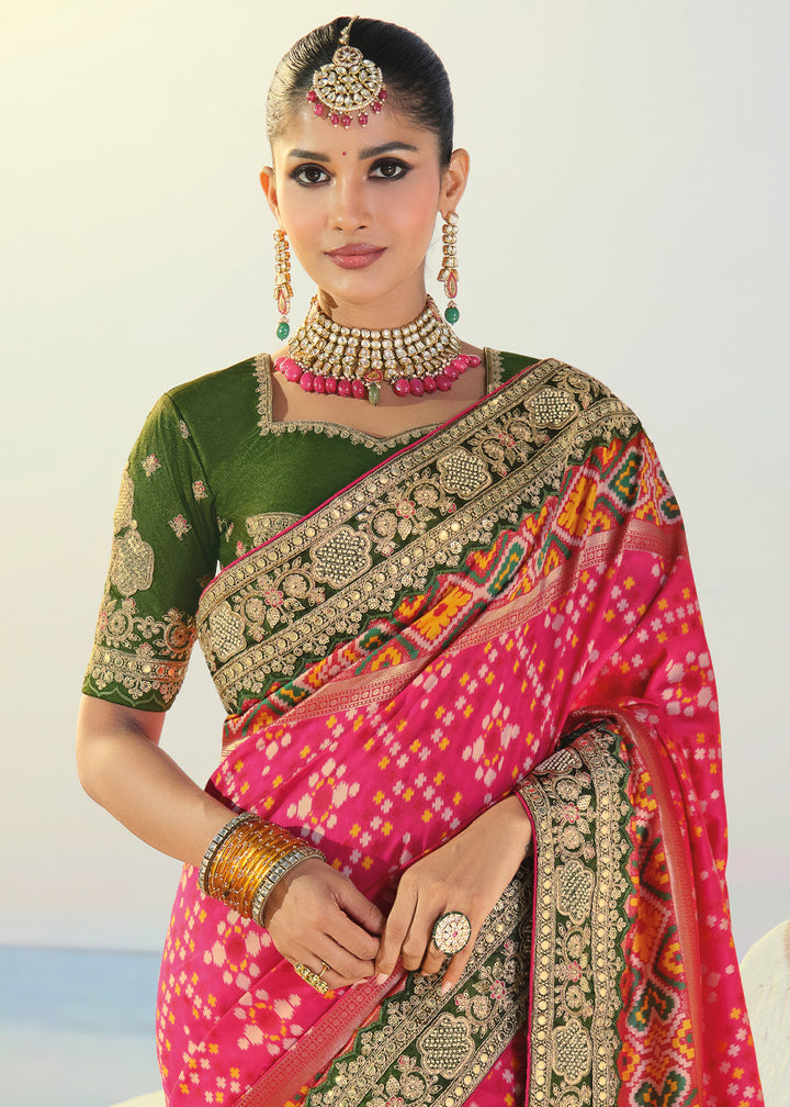 Hot Pink Patola Silk Designer Saree with Mirror, Cut-Dana and Pearl Embroidery
