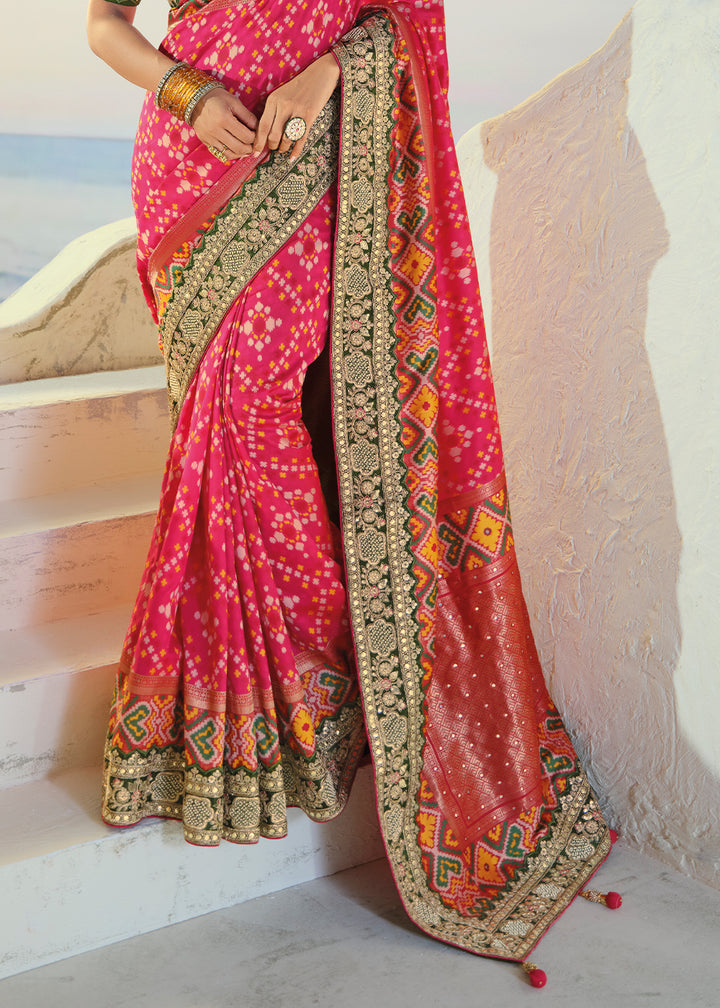 Hot Pink Patola Silk Designer Saree with Mirror, Cut-Dana and Pearl Embroidery