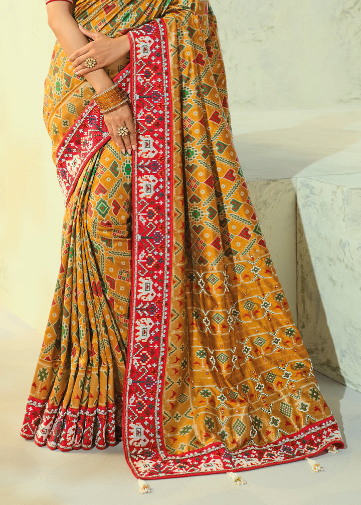 Mustard Yellow Patola Silk Designer Saree with Mirror, Cut-Dana and Pearl Embroidery