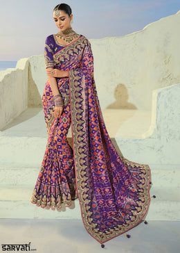 Royal Purple & Coral Orange Patola Silk Designer Saree with Mirror, Cut-Dana and Pearl Embroidery