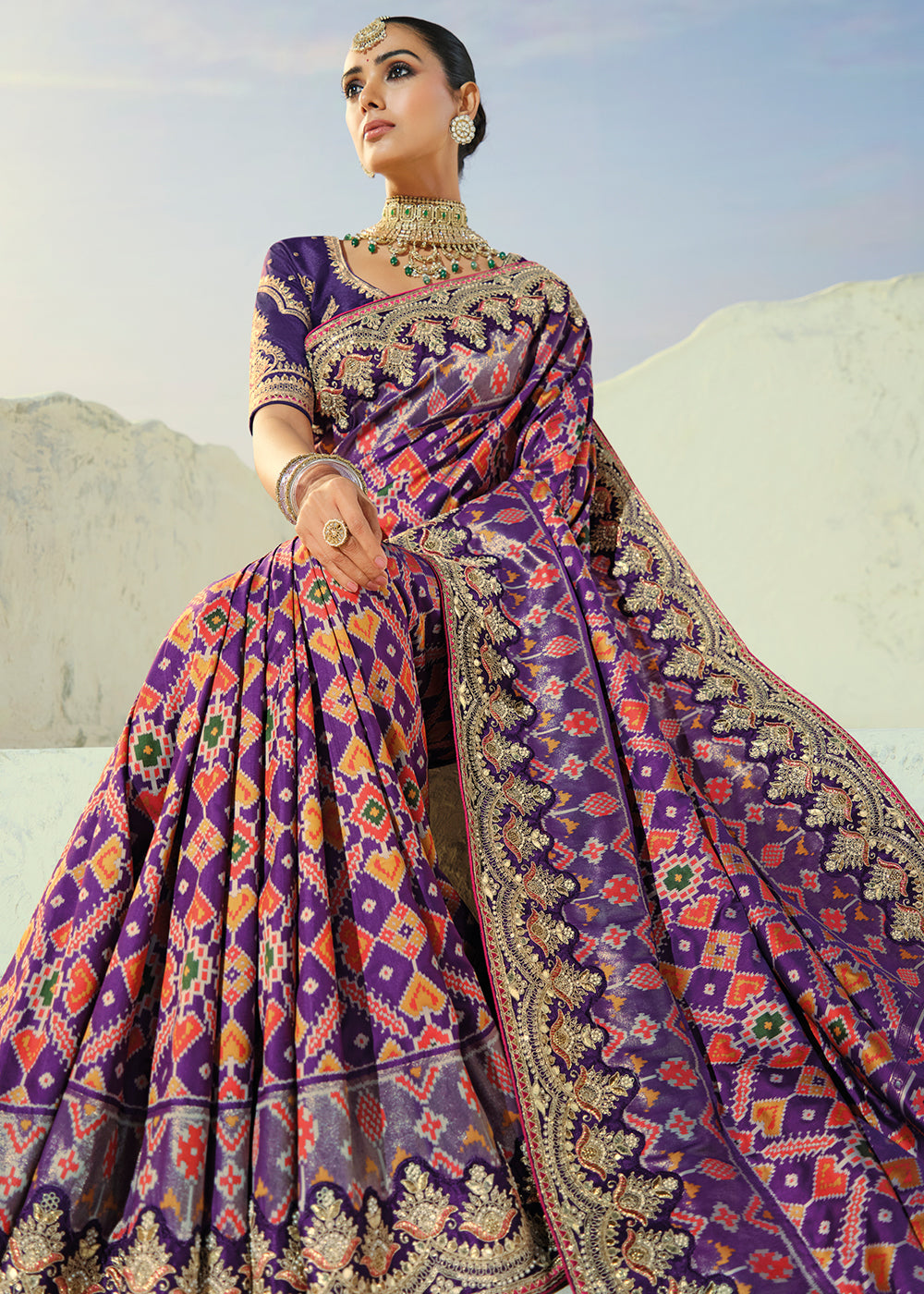Royal Purple & Coral Orange Patola Silk Designer Saree with Mirror, Cut-Dana and Pearl Embroidery