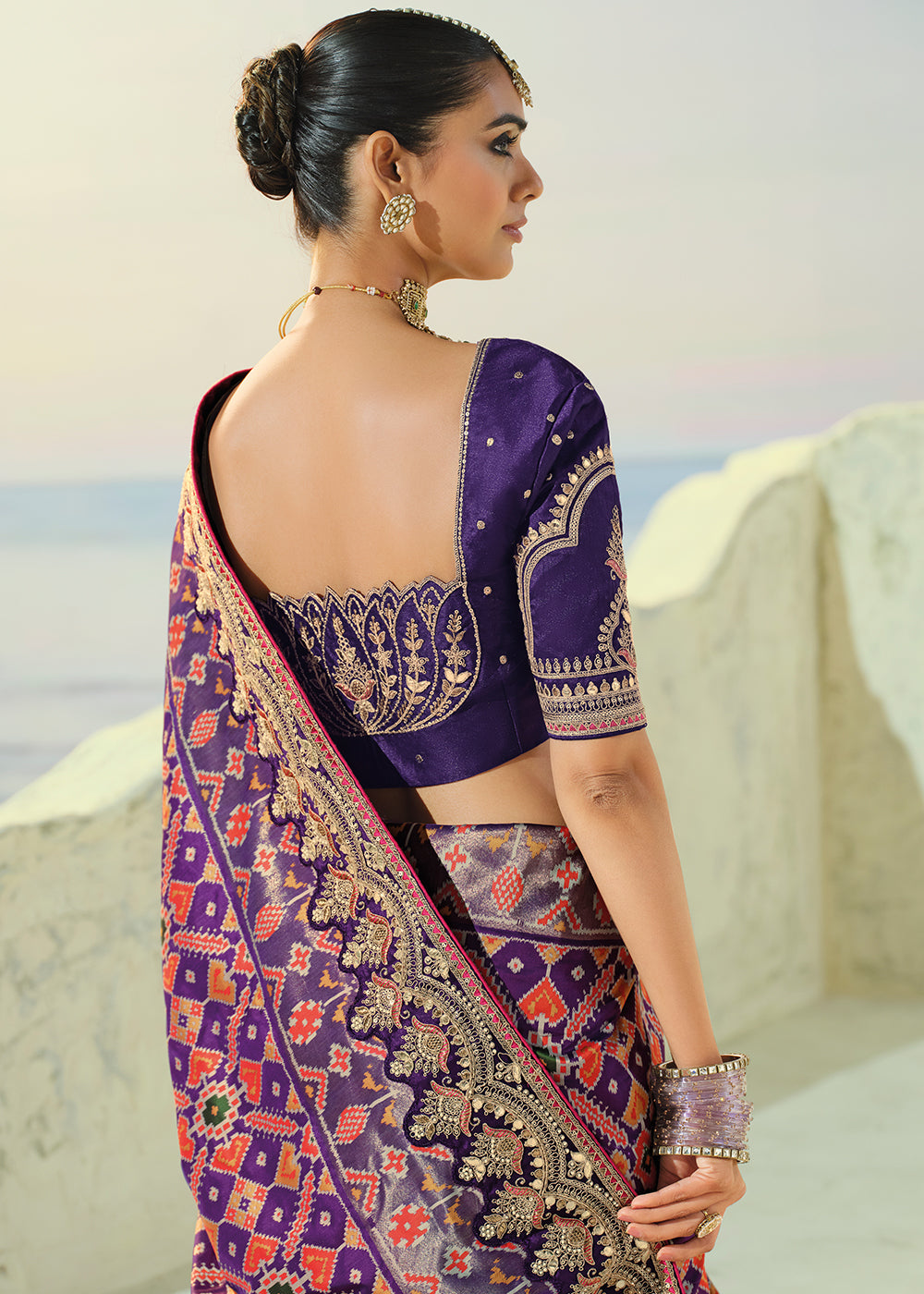 Royal Purple & Coral Orange Patola Silk Designer Saree with Mirror, Cut-Dana and Pearl Embroidery